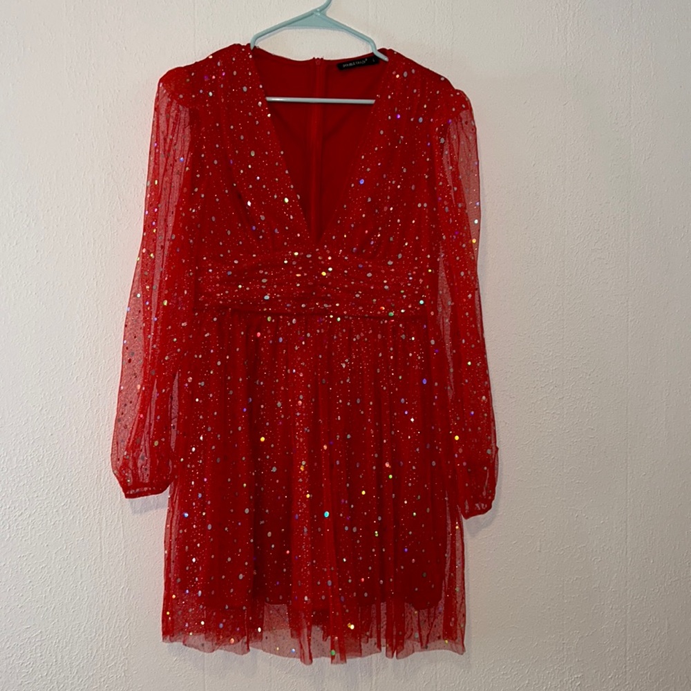 Red sparkly dress with sleeves